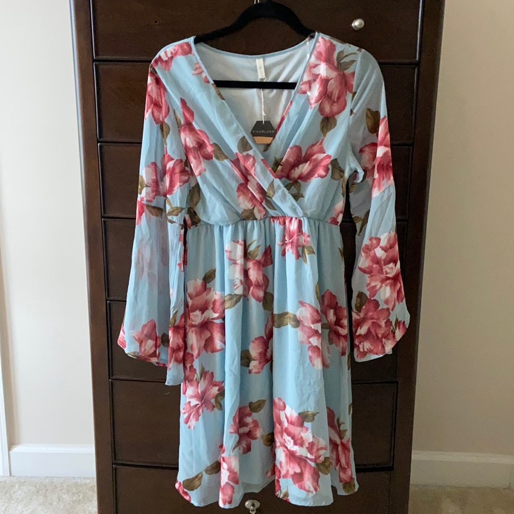 PinkBlush LightBlue Floral Chiffon Maternity Dress